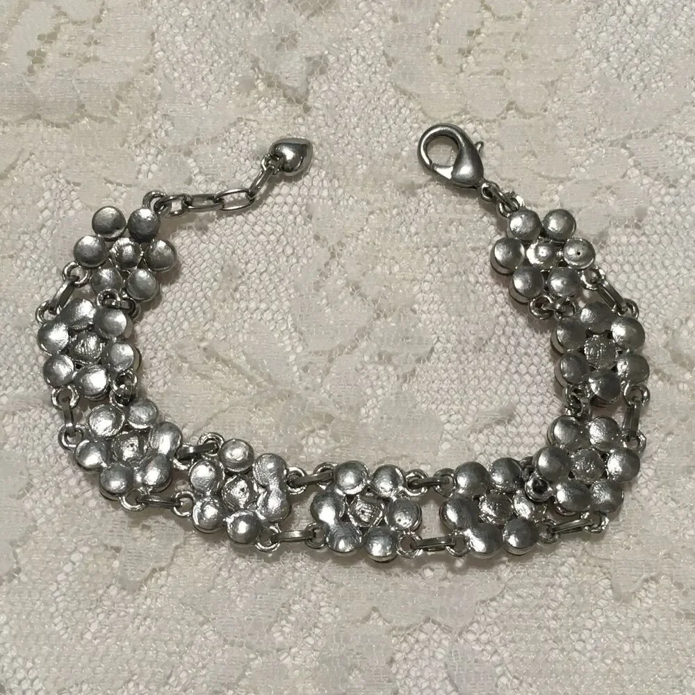 Rhinestone Floral Chain Bracelet Pink AB Stones Silver tone Coquette girl style